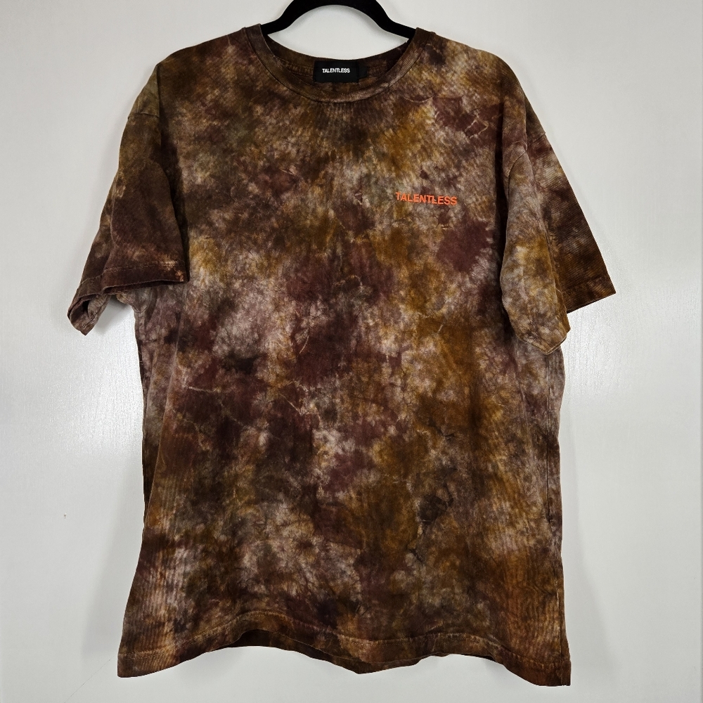 Talentless Men’s T-Shirt Tye Dye Brown Orange Back Spellout Logo Size Large